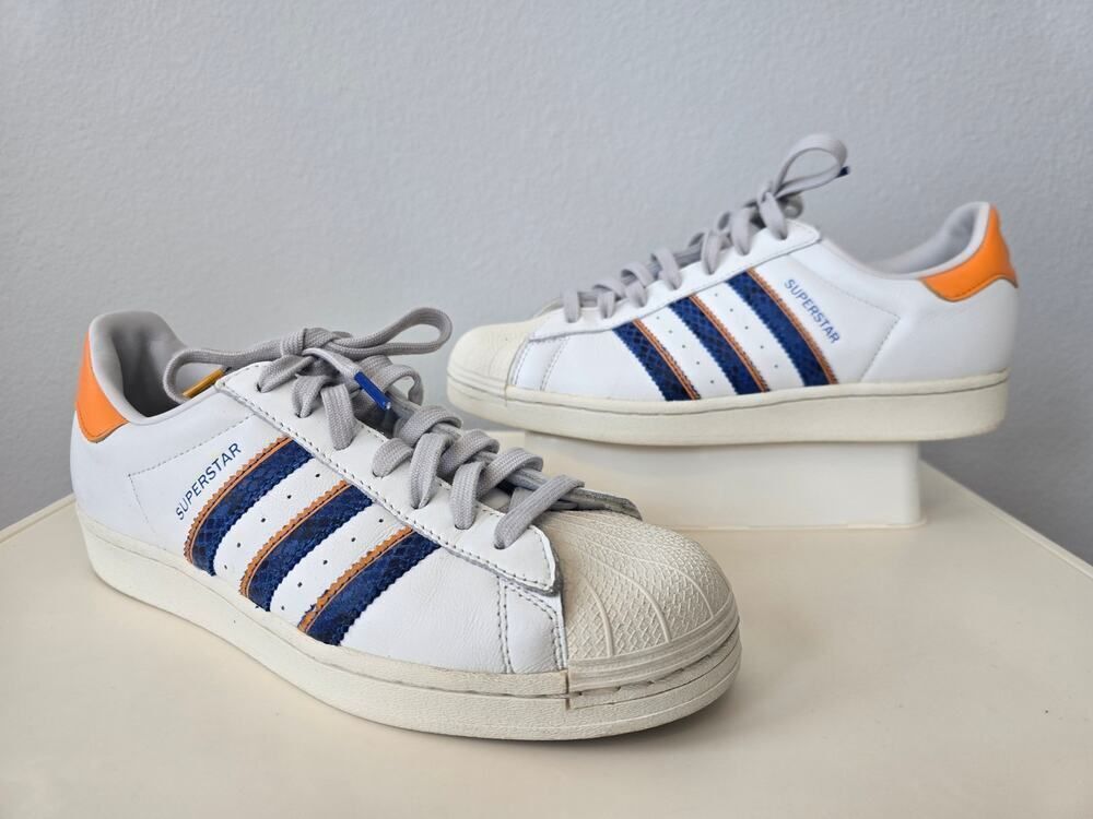 Adidas Superstar White Blue Orange Leather Sneakers Mens 8.5 Shell Toe Retro